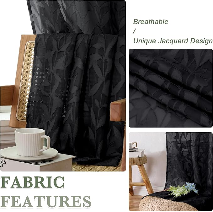 Lecloud Leia Black Sheer Curtains 108 Inches Long 2 Pcs, Elegant Jacquard Leaf - Image 5