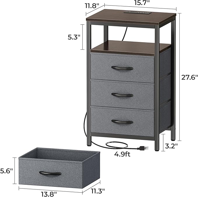 Huuger Nightstands Set of 2, 27.6 Inch End Tables with Charging Station, Fabric Drawers, Bedside Tables with USB Port and Outlet, Night Stands for Bedroom, Walnut