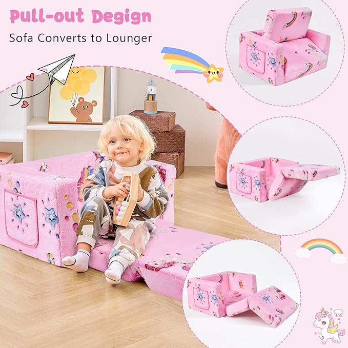 Toddler Chair Comfy,2-in-1 Soft Toddler Couch Fold Out for Kids,Convertible Sofa to Lounger,Gift for Girls and Boys Birthday,Rainbow