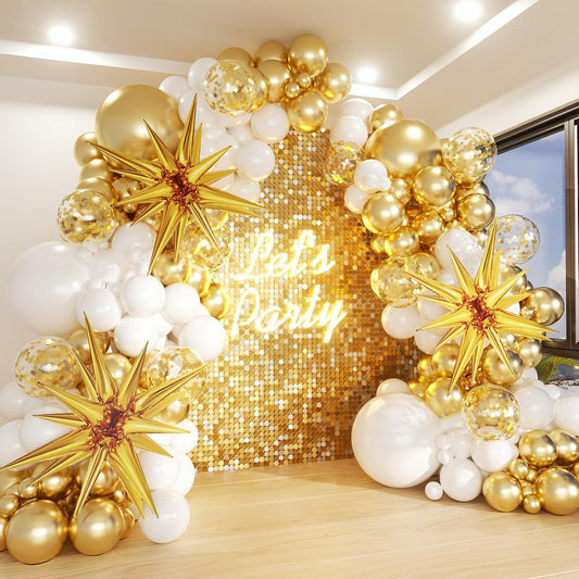 White and Gold Balloons Garland Arch Kit, 130Pcs White Metallic Gold Confetti Balloon with Star Foil Balloons for Birthday Wedding Engagements Graduation Baby Shower Anniversary Party Decorations