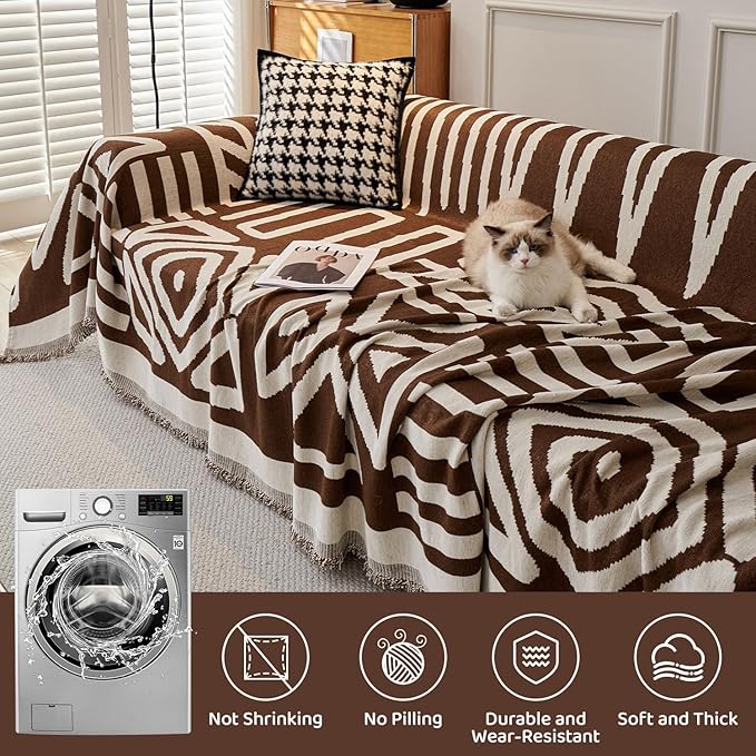 STACYPIK Boho Chocolate Beige Sofa Cover Anti-Slip Reversible Couch Cover for 2 Cushion Couch Soft Chenille Armchair Slipcovers L Shaped Cover for Sectional Furniture Protector for Kids Dogs-71X90IN