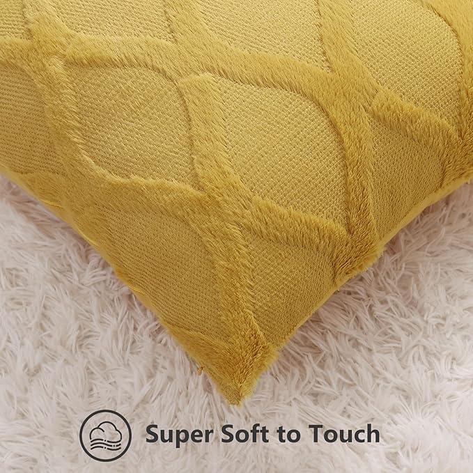 decorUhome Fall Throw Pillow Covers 18x18 Inch Set of 2, Soft Plush Faux Fur Wool Mustard Yellow Couch Pillow Covers, Decorative Neutral Pillow Cases for Bed Sofa Living Room Home Decor