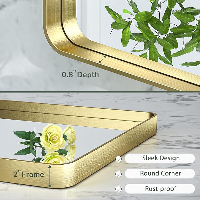 TokeShimi Bathroom Mirror for Wall 24 x 32 Inch Gold Brushed Brass Metal Rounded Corner Rectangle Mirror Wall Mirror in Metal Frame