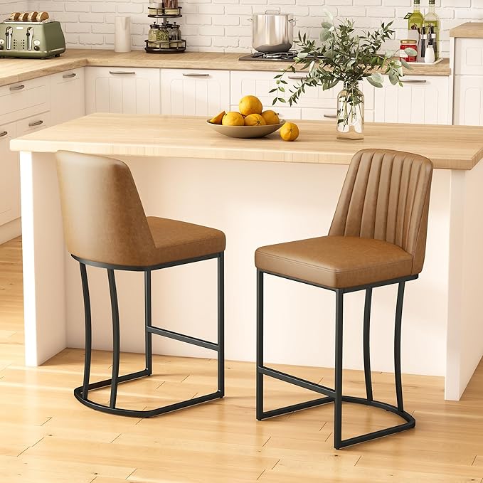Bar Stools Set of 4, Faux Leather Counter Height Barstools, Upholstered Kitchen Counter Stools with Back and Stitching, 25.6" H Kitchen Island Stools Bar Chair, Metal Framed, Whisky Brown