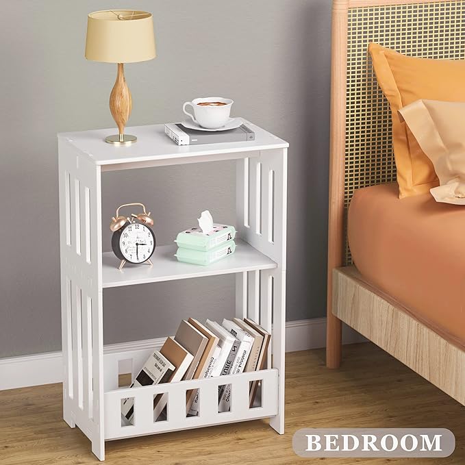 3-Tier End Table Night Stand Set of 2, White Side Table with Storage Shelf, Small Bookshelf Bedside Table for Bedroom, Living Room, Office, Bathroom