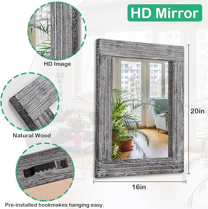 Rustic Wall Mirror Farmhouse, with Frame Wood Wall Mirror Rectangle Antique Decor Hanging Mirror for Bathroom Living Room Bedroom Entryway Large 20"x16"