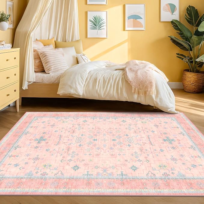 Pink Rugs for Bedroom Girls, 5x7 Washable Area Rug for Living Room Nursery Kids by HazoHaus