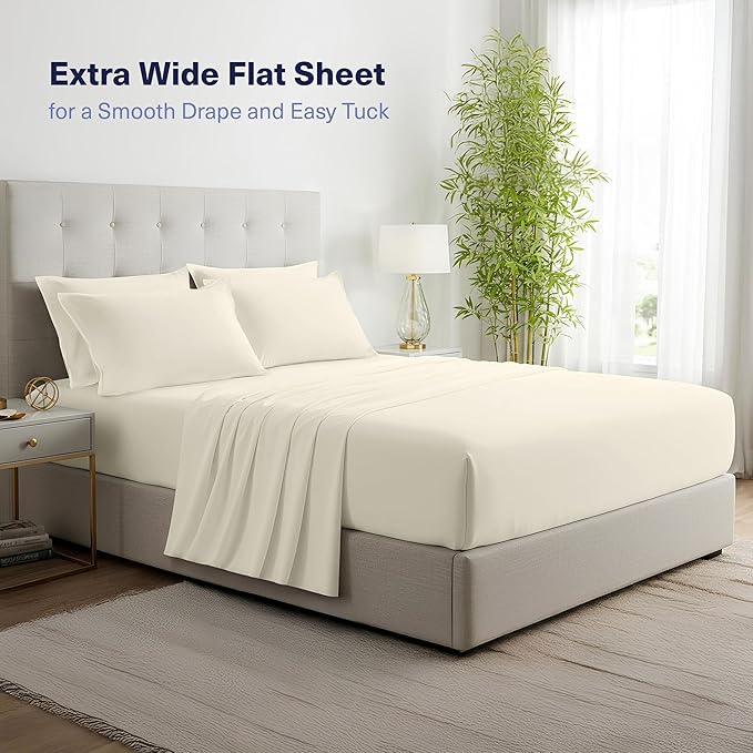 Kickoff Viscose Bamboo Sheets Full Size 4-pc 100% Organic Bamboo Viscose Bed Cooling Sheets Full Size Set Cool Bedding for hot Sleepers Sheet, Flat, Fitted, Pillowcases (Buttercream, F)
