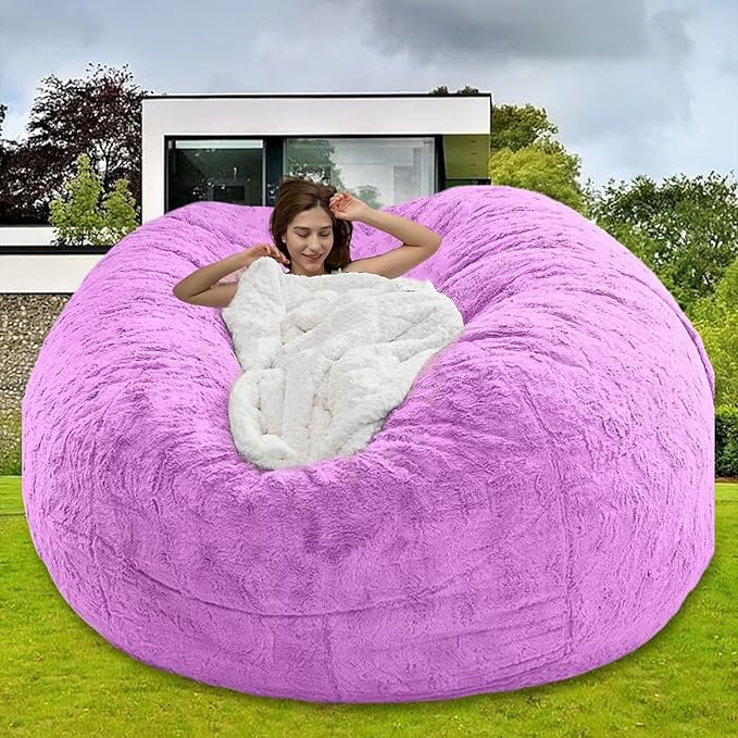 Bean Bag Chair Cover for Kids Adults Without Filling Comfy Giant Round Lazy Sofa Covers for Bedroom Living Room, 7FT, Purple