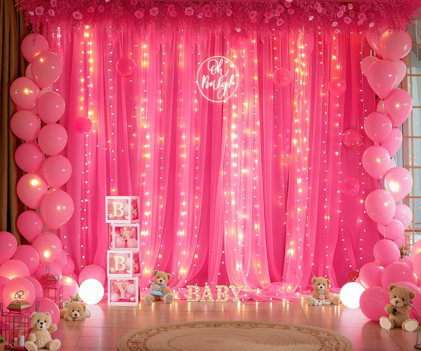 Hot Pink Tulle Backdrop Curtain with Lights String for Parties 30x8ft Fuchsia Sheer Backdrop Curtains for Weddings Birthday Party Baby Shower Photo Shoot Background Decorations(6 Panels 5ft×8ft)