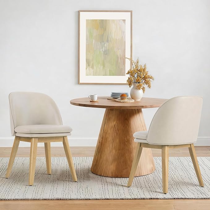 Wooden Dining Chairs Set of 2, Faux Leather Upholstered Modern Dining Room Chairs with Double-Layer Thick Seat Cushion & Ergonomic Backrest for Restaurant, Kitchen and Café, Beige