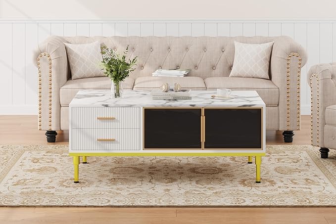 GAOMON Coffee Table for Living Room, Faux Marble Coffee Table with 4 Drawers and Glass Doors Storage, Modern Aesthetic Fluted Panel Design, White & Gold