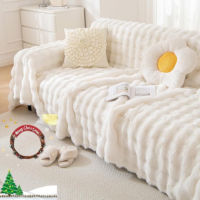 VM VOUGEMARKET Thick Faux Rabbit Fur Couch Cover 1-Piece Warm Soft Cozy Sofa Covers,Fluffy Plush Sofa Slipcover Furniture Protector for Bed Couch (White,71" x 118")