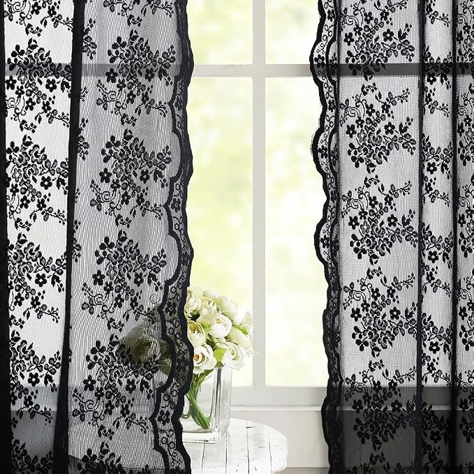 YJ YANJUN Vintage Lace Curtains 96 Inches Long Victorian Floral Gothic Black - Image 4