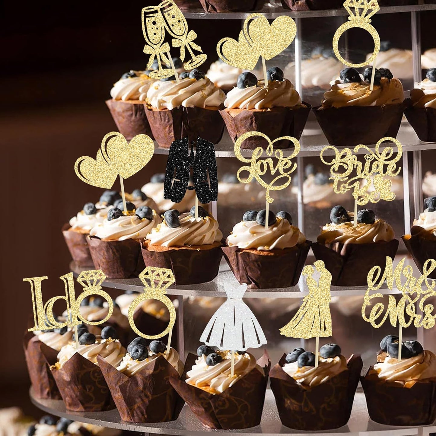 Gyufise 30Pcs Bride to Be Cupcake Toppers Glitter Diamond Ring I Do Love Cupcake Picks Miss to Mrs Bridal Shower Wedding Engagement Bachelorette Cake Decoration Gold