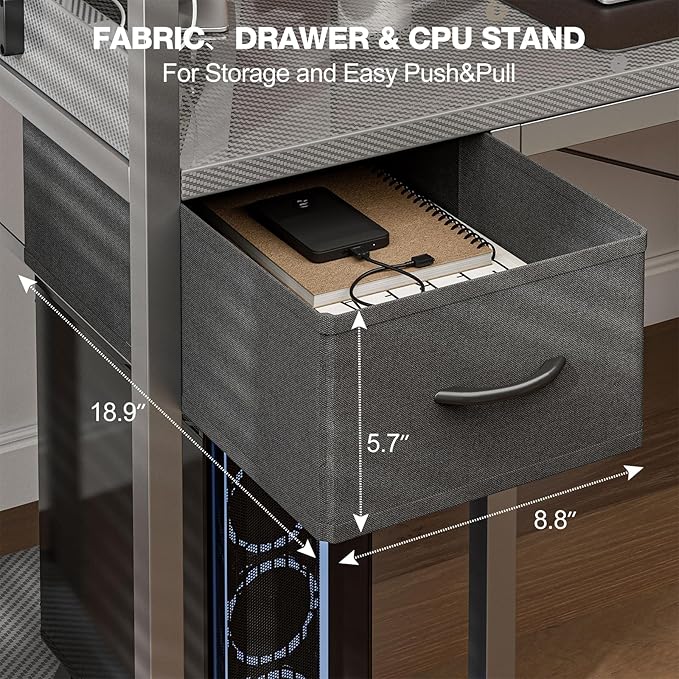 Gaming Desk 47 Inch with Power Outlet and LED Light, Computer Desk with Reversible Shelves and Storage Drawer, Pc Small Desk for Home Office Table with Bag, Carbon Fiber Grey