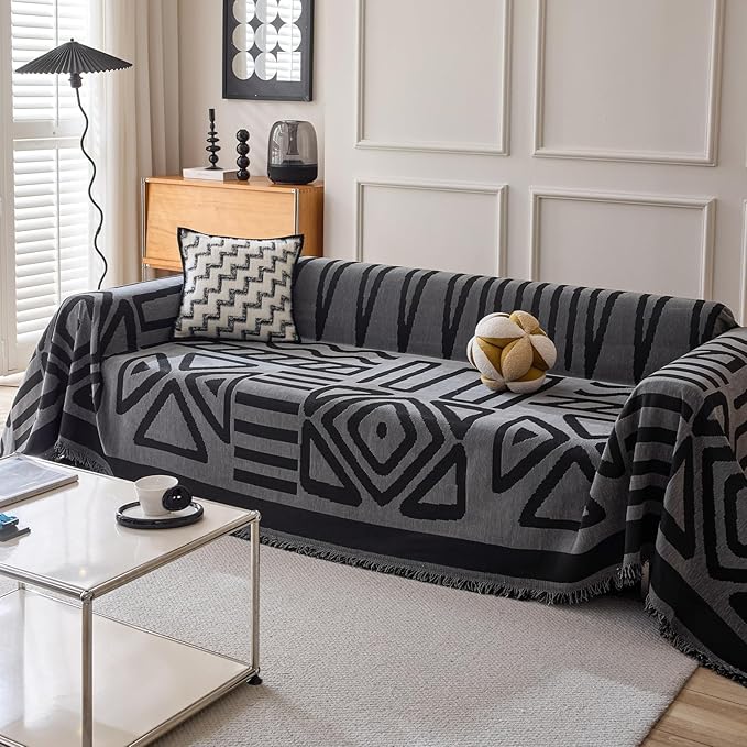 HANDONTIME Boho Geometric Couch Covers for Sofa Pet Friendly Dark Grey and Black Sofa Covers Washable Chenille Couch Blanket Cover for 3 Cushion Couches Pet Protector Furniture Cover Soft, 71" X 134"