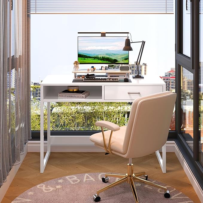 4NM 43.3" Computer Desk with Drawer, Morden White Home Office Desk, Study Writing Table with Storage for Small Spaces,Vanity Desk Makeup Table for Bedroom- White
