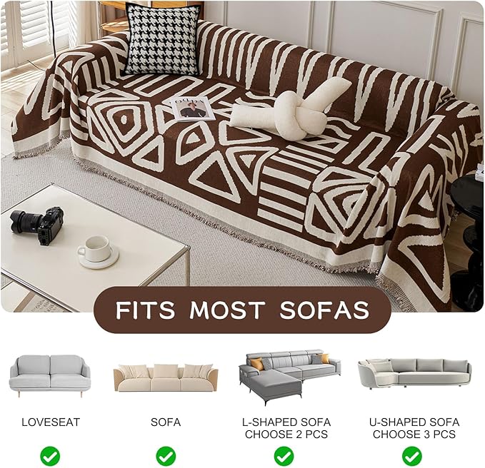 STACYPIK Sofa Covers Decorative, Boho Couch Cover for Sectional, Chocolate Sofa Protector for 3 Cushion Couch, Multi-Use Sofa Cover for Dogs with Tassles, Washable Sofa Slipcover for Loveseat-71X134IN