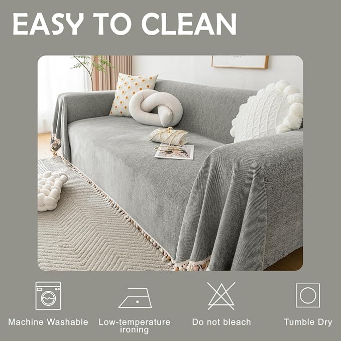 HANDONTIME Couch Slipcovers for Sofas Dark Grey Couch Cover Sofa Cover for Dogs Boho Pet Couch Protector with Tassel Chenille Herringbone Couch Cover for 2 3 Seat Washable Pet Friendly, 71" X118"