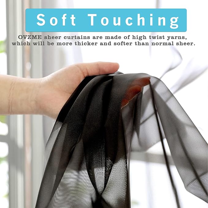 OVZME 2 Panels Sheer Black Curtains 72 Inches Length Window Treatment - Image 2