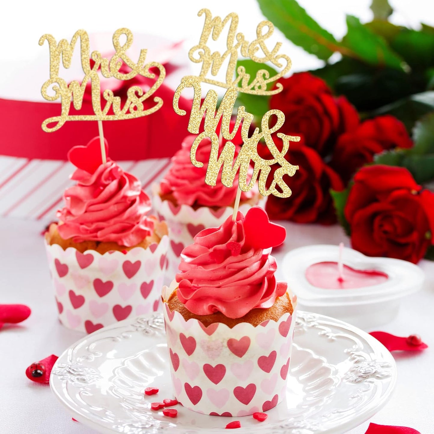 Gyufise 36Pcs Mr & Mrs Cupcake Toppers Love Mr Mrs Cupcake Picks Gold Glitter Wedding Cucpake Toppers Bridal Shower Cake Decorations Party Supplies