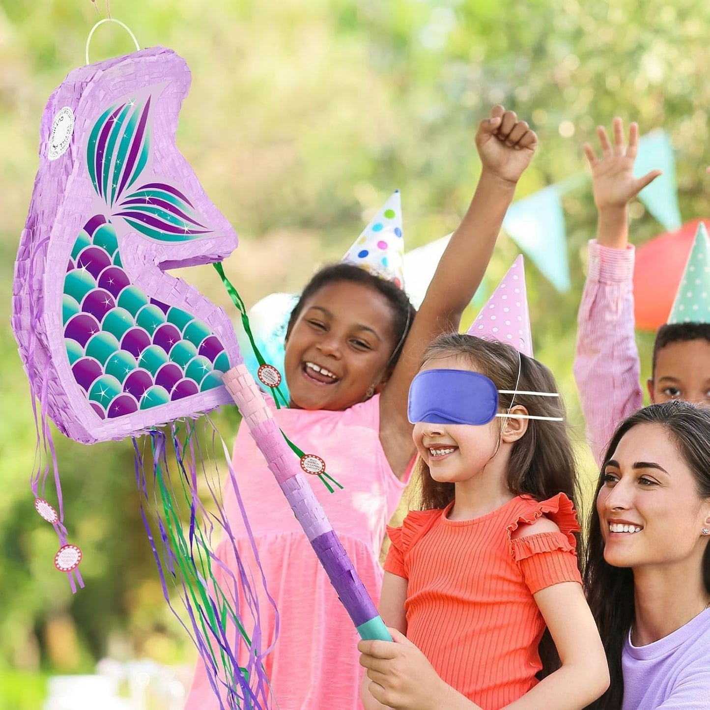 WERNNSAI Foldable Mermaid Piñata - Pull String Mermaid Birthday Party Supplies Mermaid with Blindfold Bat and Tassels Mermaid Party Decoration Games Folding Purple Mermaid Piñatas for Classroom Game
