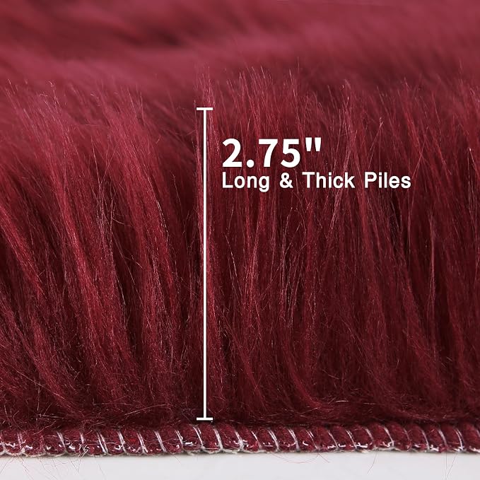duduta Burgundy Faux Fur Round Rug 4x4 ft, Fluffy Shag Sheepskin Circle Rug - Image 2