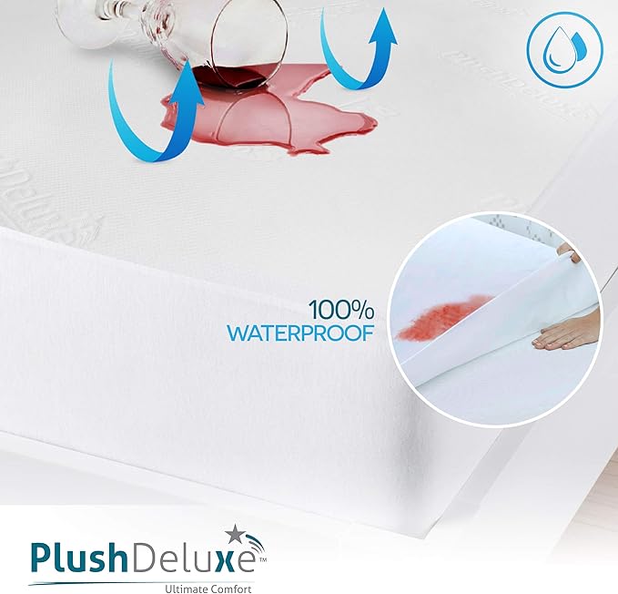 PlushDeluxe Premium Bamboo Mattress Protector – Full Size, Waterproof, & Ultra Soft Breathable Noiseless Washable Bed Mattress Cover for Comfort & Protection - White