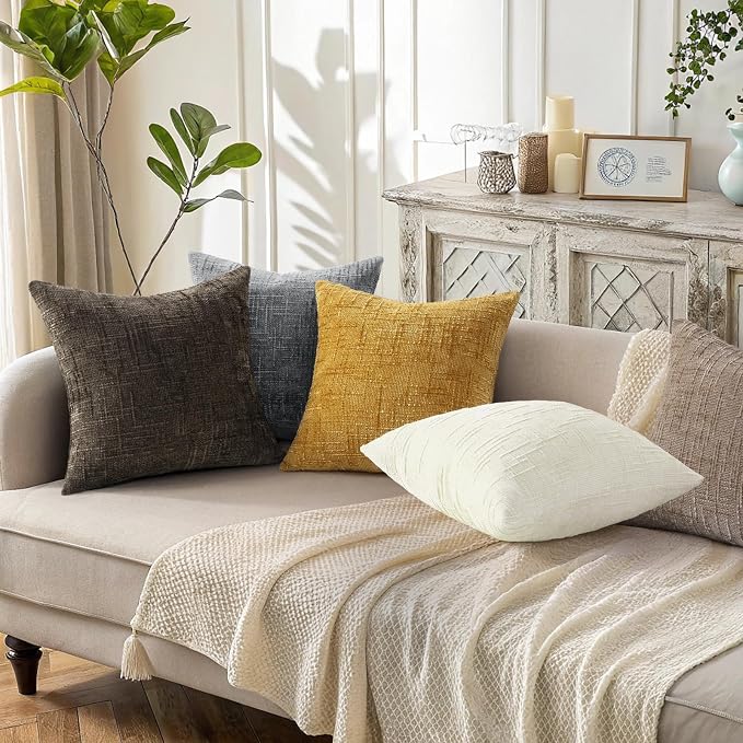 decorUhome Oatmeal Chenille Euro Sham Throw Pillow Covers 24x24 Set of 2 - Image 5