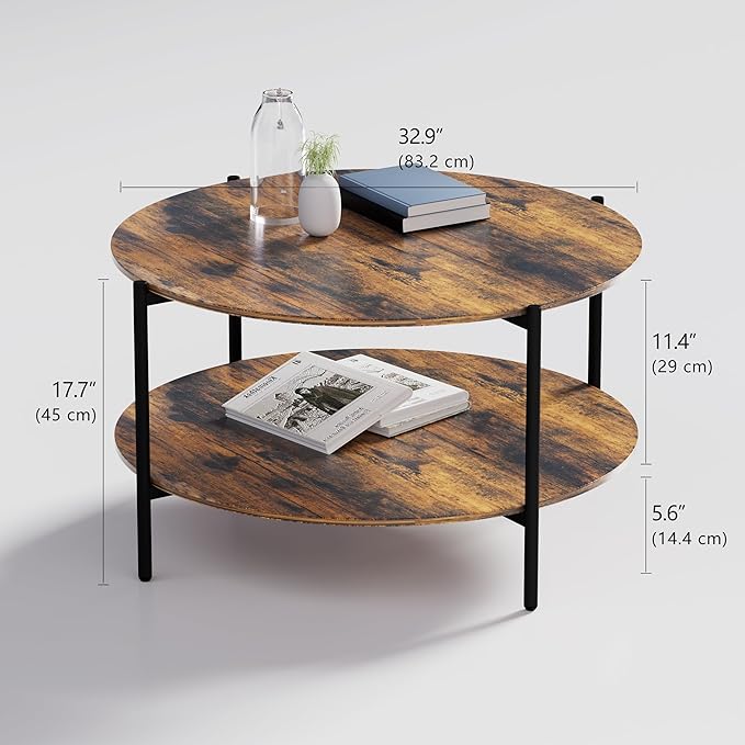 Round Coffee Table, 2-Tier 32.9" Circle Coffee Tables with Storage Wood Rustic Farmhouse Center Circular Coffee Table for Living Room Bedroom Balcony Office - Walnut
