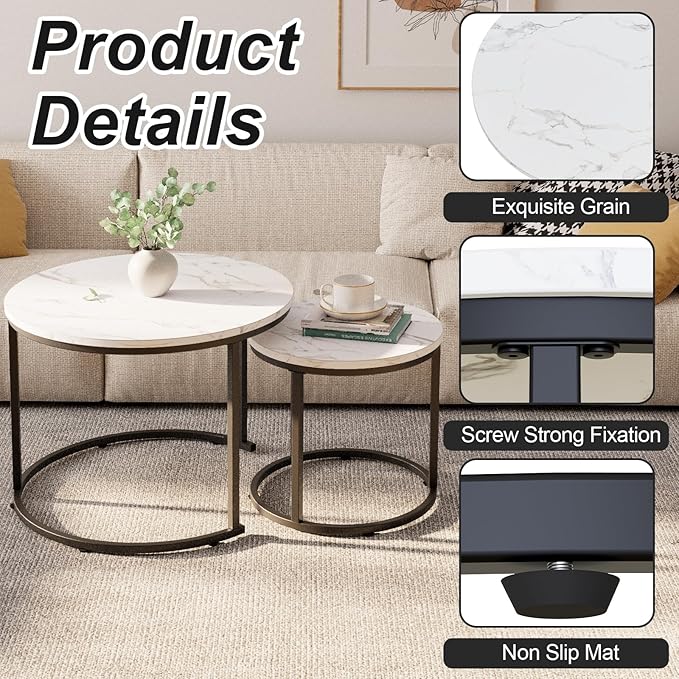 aboxoo Round Nesting Coffee Table Side Table Set of 2 End Tables for Living Room Bedroom Balcony, White Faux Marble Wooden Table Accent Coffee Table with Black Steel Frame