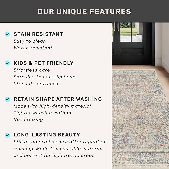 Hazo Haus Non Slip Beige Blue Hallway Runner Rug - Image 7