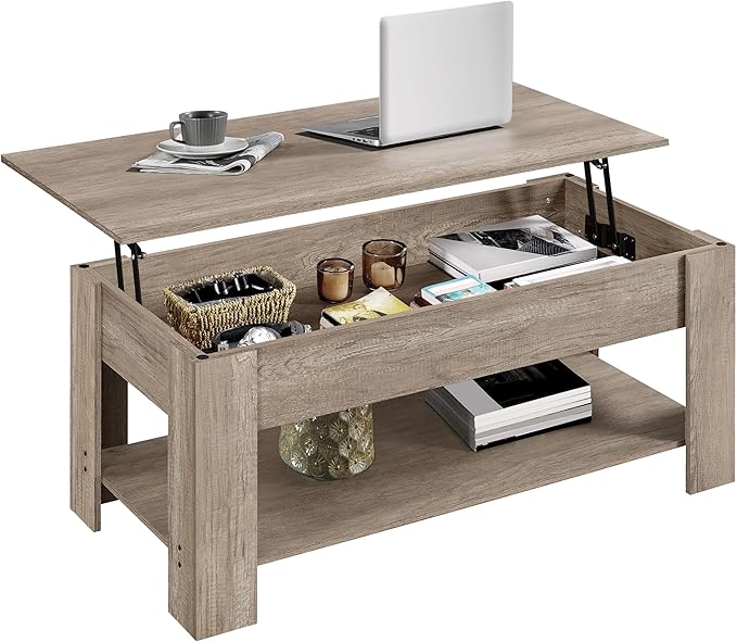 Yaheetech Lift Top Coffee Table with Hidden Compartment and Storage Shelf, Rising Tabletop Dining Table for Living Room Reception Room, 38.6in L, Grey