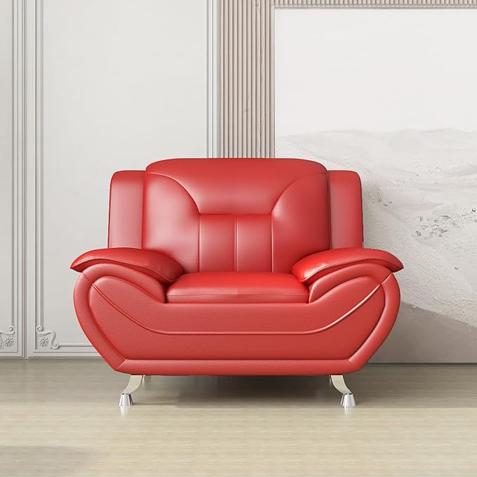 Container Furniture Direct Michael Modern Faux Leather Upholstered Stainless Steel Legs Living Room Sofa, Chair, Red
