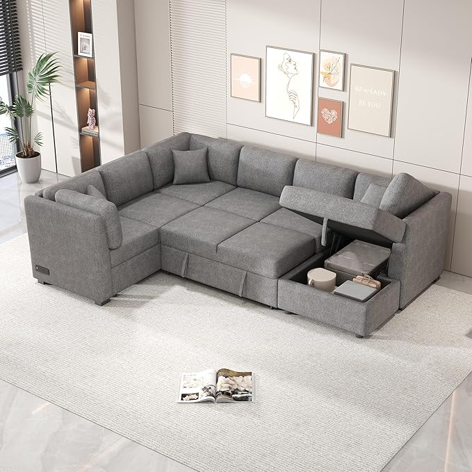 Ball & Cast 108.6" Sleeper Sectional Pull Out Sofa with 2 USB Ports,Two Power Sockets,Versatile U-Shape Couch w/ 3 Back Pillows and Storage Chaise,for Living Room,Office,Apartment,Light Gray