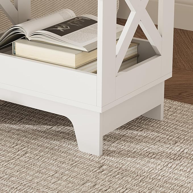Tall Nightstand Set of 2 Side Table with 2 Drawers Modern Night Stand Wooden End Table Bedside Table with Below Open Shelf Solid Feet for Bedroom, Living Room, White