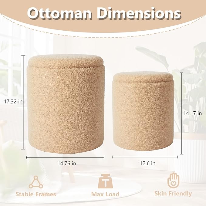Boucle Round Ottoman with Storage Set of 2,Small Foot Stool Ottoman for Living Room, Small Coffee Table,Vanity Stool with Storage for Bedroom, Beige