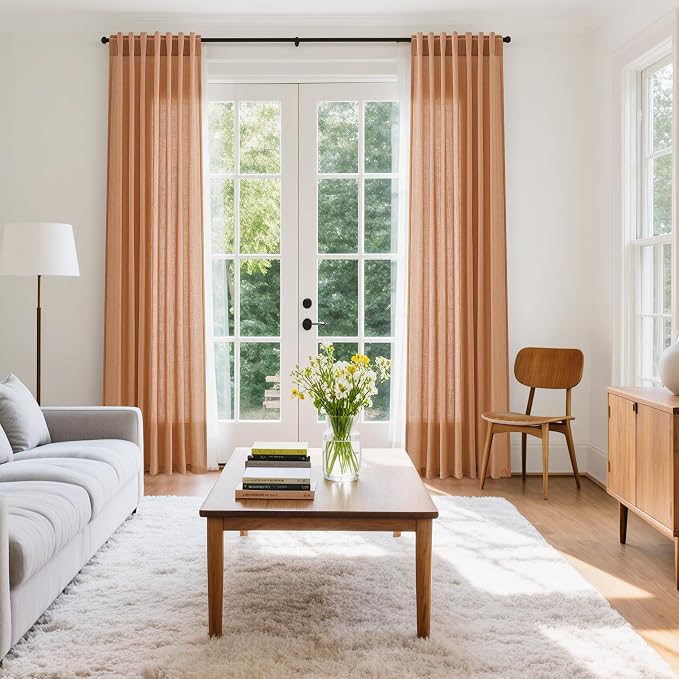 Peach Quartz Linen Curtains 102 Inch Length 2 Panels Back Tab Rod Pocket Semi - Image 7