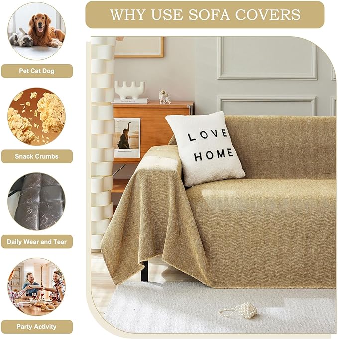 STACYPIK Yellow Sofa Cover for Dogs, Chenille Non-Slip Couch Cover for Pets, Washable Loveseat Cover for Sectional, Soft Jacquard Furniture Protector for 2 Cushion Couch, Couch Throw Blanket-91X118IN