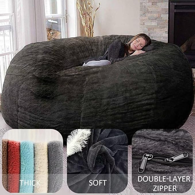 BCU Oversized Bean Bag Cover Comfy Beanbag Chair for Adults Without Filler Faux Fur Lazy Sofa Cover for Living Room Chairs, Grey, 5FT