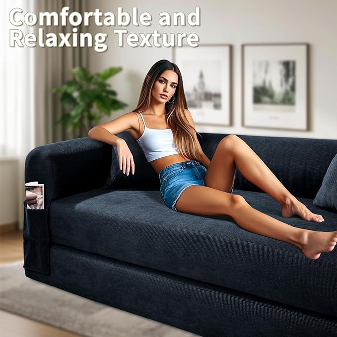 80" Convertible Sofa Bed, Corduroy Deep Seat Folding Pull Out Couch with Pillows, No Assembly Modern Boneless Couch Compression Sofa in Box, Floor Sofa with Storage Pocket for Living Room,Navy Blue