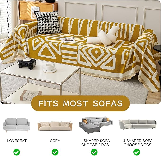 STACYPIK Boho Chenille Couch Cover, Ginger Yellow Sofa Cover for 3 Cushion Couch, Anti Slip L Shaped Couch Protector, Washable Loveseat Cover Pet Friendly, Multi-Use Jacquard Throw Cover-71X150IN