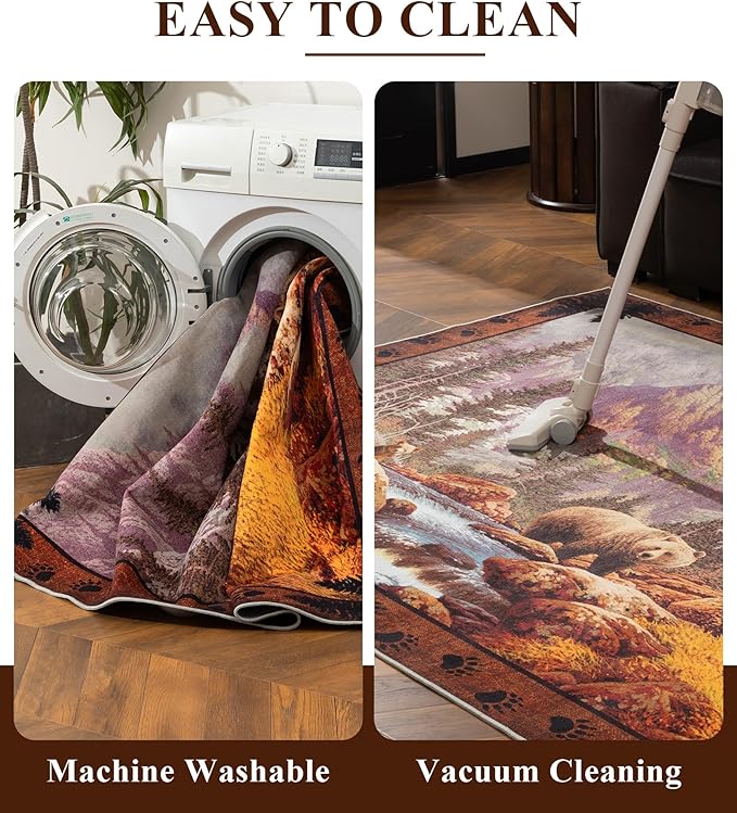 YIHOUSE Rustic Cabin Area Rug for Bedroom 4x6, Machine Washable Forest Bear Rug - Image 6