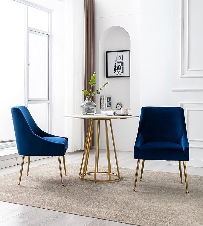 Modern Velvet Dining Chairs Set of 4, Contemporary Upholstered Furniture Collection with Polished Gold Metal Legs, Elegant Accent Chairs for Kitchen Living Room(Blue)