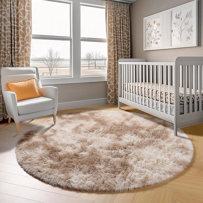 ONASAR Round Rugs 6ft for Living Room Bedroom, Tie-Dye Beige Fluffy Circle Area - Image 8