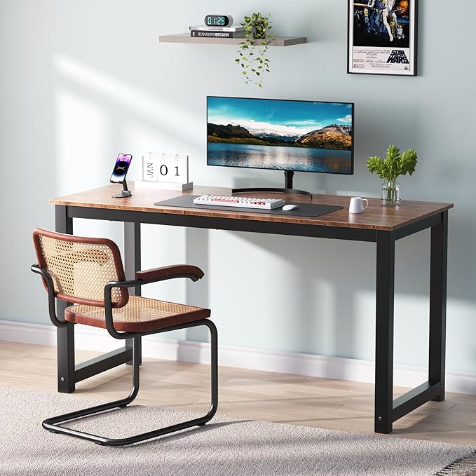 Decoholic 55 Inch Computer Desk, Home & Office PC Laptop Study Writing Table Workstation with Leg Bars, Modern Simple Industrial Style, Rustic Brown