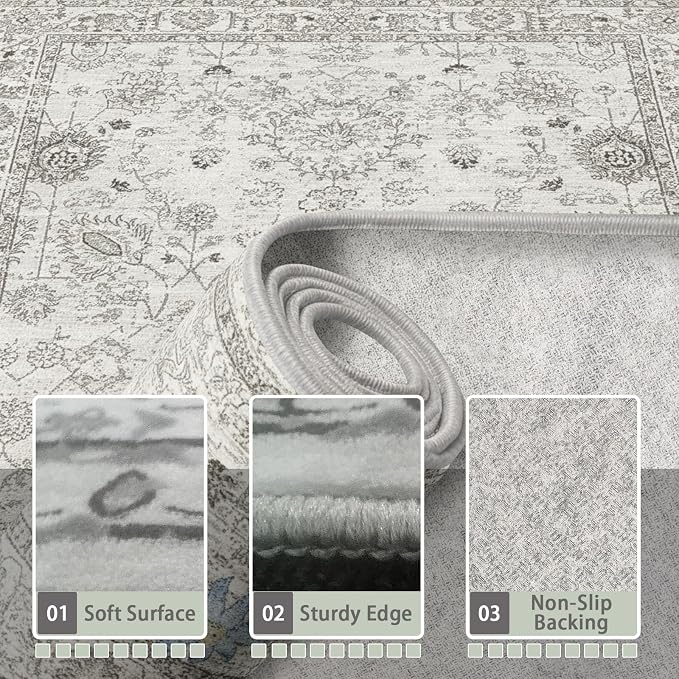 Grey White Area Rugs 9x12 Living Room, Washable Rug Non Slip Floral Low Pile - Image 4