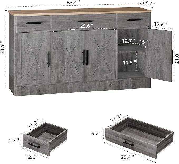 Shintenchi Sideboard Buffet Cabinet with Storage,53.4" Large Kitchen Buffet Storage Cabinet with 3 Drawers and 4 Doors,Wood Farmhouse Sideboard with Adjustable Shelf for Kitchen, Living Room,Grey