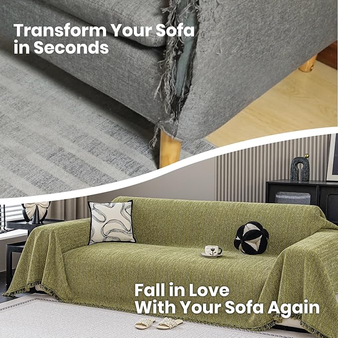 Nobildonna Sofa Cover Washable Soft Thicken Chenille Couch Cover with Tassel,Waterproof Sofa Slipcover for 3-4 Cushion Couch,Sectional Sofa,L-Shaped Furniture Protector Pet-Friendly,Green 91"x150"